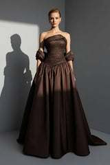 Luxury Brown Strapless Sleeveless Satin Prom Dress A-Line Beads With Zipper Pleats