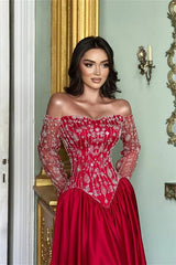 Romantic Red Off-The-Shoulder Long Sleeves Satin Prom Dresses A-Line Beads With Pleats