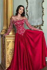 Romantic Red Off-The-Shoulder Long Sleeves Satin Prom Dresses A-Line Beads With Pleats