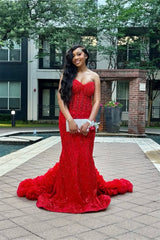 Charming Red Sweetheart Strapless Sleeveless Prom Dresses Mermaid Column With Beading