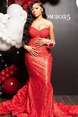 Charming Red Sweetheart Strapless Sleeveless Prom Dresses Mermaid Column With Beading