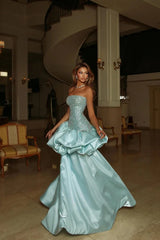 Dazzling Strapless Sleeveless Satin Prom Dresses A-Line Long With Pleats