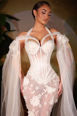 Timeless White Halter Off-The-Shoulder Tulle Prom Dresses Mermaid Pearl With Ruffles Flower