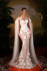 Timeless White Halter Off-The-Shoulder Tulle Prom Dresses Mermaid Pearl With Ruffles Flower