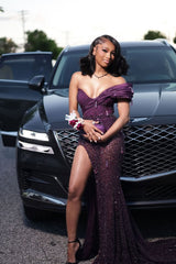 Romantic Grape V-Neck One Shoulder Mermaid Prom Dresses Gem With High Split