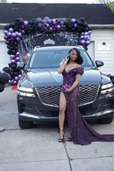 Romantic Grape V-Neck One Shoulder Mermaid Prom Dresses Gem With High Split