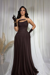 Charming Chocolate Strapless Sleeveless Chiffon Prom Dresses A-Line With Pleats