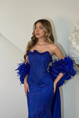 Vintage Royal Blue Strapless Sleeveless Mermaid Prom Dresses Beads With Detachable Train