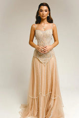 Chic Sweetheart Spaghetti-Straps Sleeveless Tulle Prom Dresses A-Line With Gem