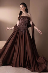 Vintage Dark Brown Strapless Sleeveless Chiffon Prom Dresses A-Line Beads With Shawl