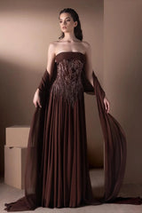 Vintage Dark Brown Strapless Sleeveless Chiffon Prom Dresses A-Line Beads With Shawl