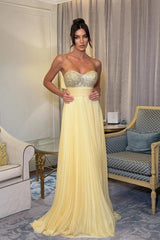 Elegant Daffodil Sweetheart Strapless Sleeveless Prom Dresses A-Line Long With Gem