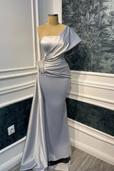 Elegant One Shoulder Satin Mermaid Prom Dresses Sheath Gem With Pleats Ruffles