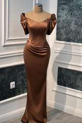 Minimalist Short Sleeves Satin Mermaid Prom Dresses Column Long With Pleats