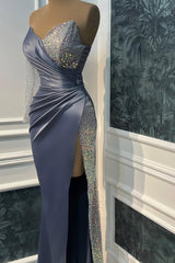 Glamorous Dusty Blue V-Neck One Shoulder Long Sleeves Satin Sequins Prom Dresses Mermaid With High Split