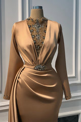 Timeless Gold High Collar Long Sleeves Satin Prom Dresses Mermaid Gem With Beads Ruffles