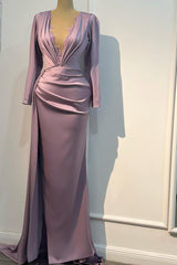 Classic Lilac V-Neck Long Sleeves Satin Prom Dresses Mermaid Column With Beads