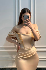 Romantic Off-The-Shoulder Satin Mermaid Prom Dresses Sheath Pleats With Beads