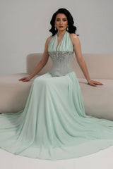 Charming Mint Halter Sleeveless Chiffon Prom Dresses A-Line Gem With Pleats