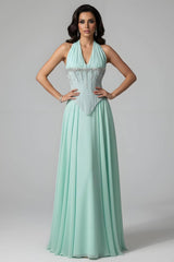 Charming Mint Halter Sleeveless Chiffon Prom Dresses A-Line Gem With Pleats