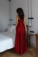 Glamorous Burgundy Spaghetti-Straps Sleeveless Satin Prom Dresses A-Line With Lace-Up Back