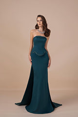 Chic Strapless Sleeveless Mermaid Satin Prom Dresses Column Lace-Up Back With Beads Ribbon