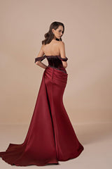 Glamorous Burgundy Off-The-Shoulder Satin Prom Dresses Mermaid Beads With Zipper Ruffles