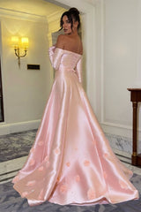 Timeless Pink Off-The-Shoulder Long Sleeves Satin Prom Dresses A-Line Lace-Up Back With Flower