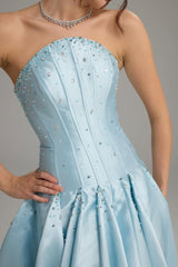 Pretty Sky Blue Strapless Sleeveless Satin Prom Dresses A-Line Beads With Pleats Zipper