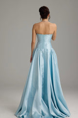 Pretty Sky Blue Strapless Sleeveless Satin Prom Dresses A-Line Beads With Pleats Zipper