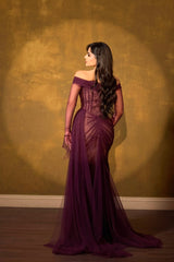 Romantic Grape Sweetheart Off-The-Shoulder Long Sleeves Lace Prom Dress Mermaid Beads With Zipper Ruffles