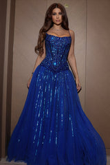 Chic Royal Blue Spaghetti-Straps Sleeveless A-Line Prom Dresses Gem Beads With Zipper