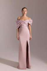 Classic Dusty Pink Off-The-Shoulder Mermaid Satin Prom Dresses Column High Split With Zipper