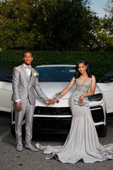 Charming Silver Sweetheart Straps Sleeveless Mermaid Prom Dresses Column With Gem