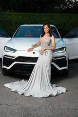 Charming Silver Sweetheart Straps Sleeveless Mermaid Prom Dresses Column With Gem