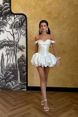 Chic White Off-The-Shoulder Satin Homecoming Dress Mini Pleats With Lace-Up Back