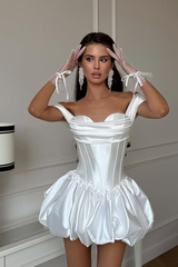 Chic White Off-The-Shoulder Satin Homecoming Dress Mini Pleats With Lace-Up Back