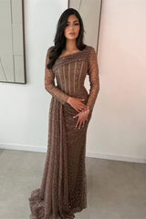 Glamorous Long Sleeves Mermaid Prom Dresses Column Beads With Pleats