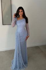Glamorous Long Sleeves Mermaid Prom Dresses Column Beads With Pleats