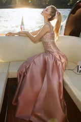 Elegant Dusty Pink Straps Sleeveless Satin A-Line Prom Dresses Beads With Zipper Pleats