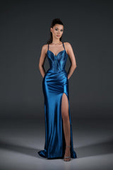 Stunning Blue Sweetheart Sleeveless Satin Prom Dresses Gem Side Split With Lace-Up Back