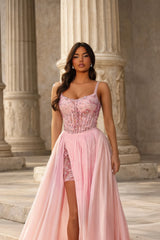 Timeless Pink Spaghetti Straps Sleeveless A-Line Chiffon Prom Dresses Gem With Beads