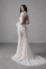 Charming White High Collar Long Sleeves Lace Prom Dresses Mermaid Backless With Pleats