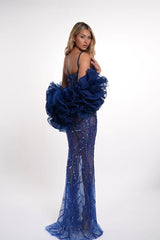 Stunning Blue Sweetheart Spaghetti Straps Sleeveless Mermaid Prom Dresses Beads With Lace-Up Back