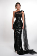 Elegant Black One Shoulder Sleeveless Sequins Mermaid Prom Dresses High Split With Lace-Up Back