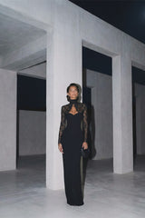 Graceful Black Sweetheart High Collar Long Sleeves Satin Lace Prom Dresses Mermaid Column With Zipper