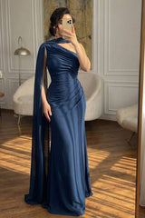 Elegant Dark Navy One Shoulder Mermaid Prom Dresses Sheath Long With Pleats