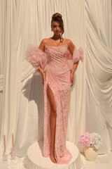 Graceful Pink Strapless Sleeveless Lace Prom Dresses Mermaid High Split With Pleats