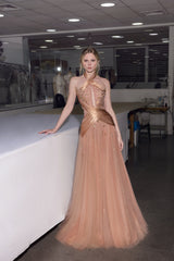 Charming Halter Sleeveless A-Line Tulle Prom Dresses Gem Backless With Zipper