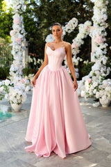 Graceful Pink Sweetheart Strapless Sleeveless Satin Prom Dresses A-Line With Pleats
